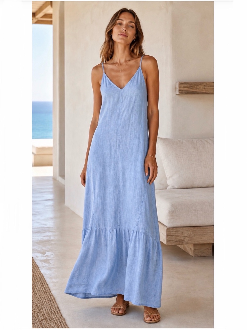 J Brand Maureen Chambray Blue Linen Maxi Dress Sleeveless L